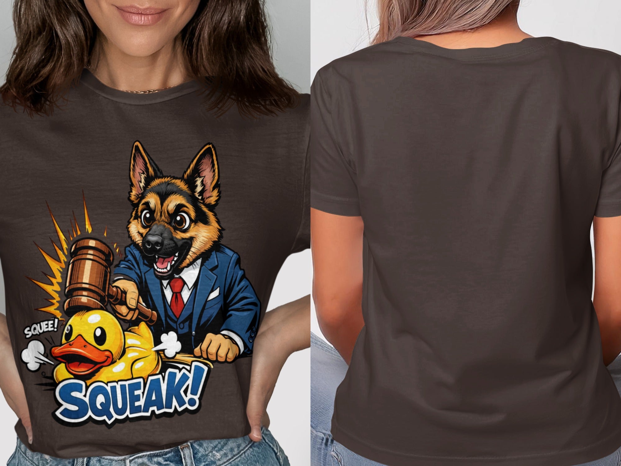German Shepherd in suit with gavel over a squeaking rubber duck saying "Squeak!"