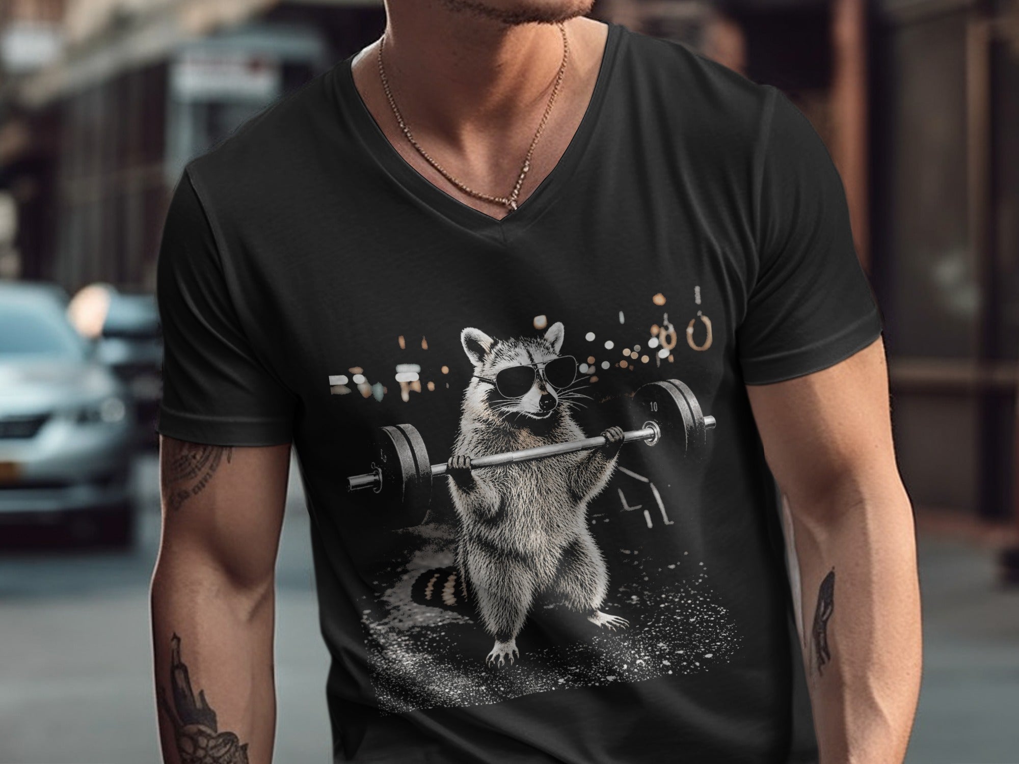 Black t-shirt with a graphic of a raccoon wearing sunglasses lifting a barbell.