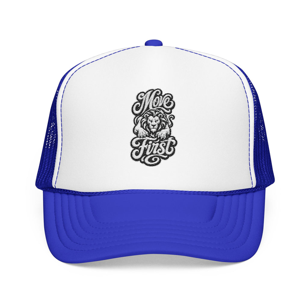 Blue and white trucker hat with embroidered lion and the words "Move First".
