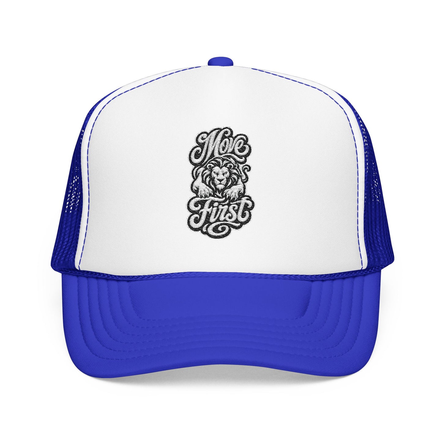 Blue and white trucker hat with embroidered lion and the words "Move First".