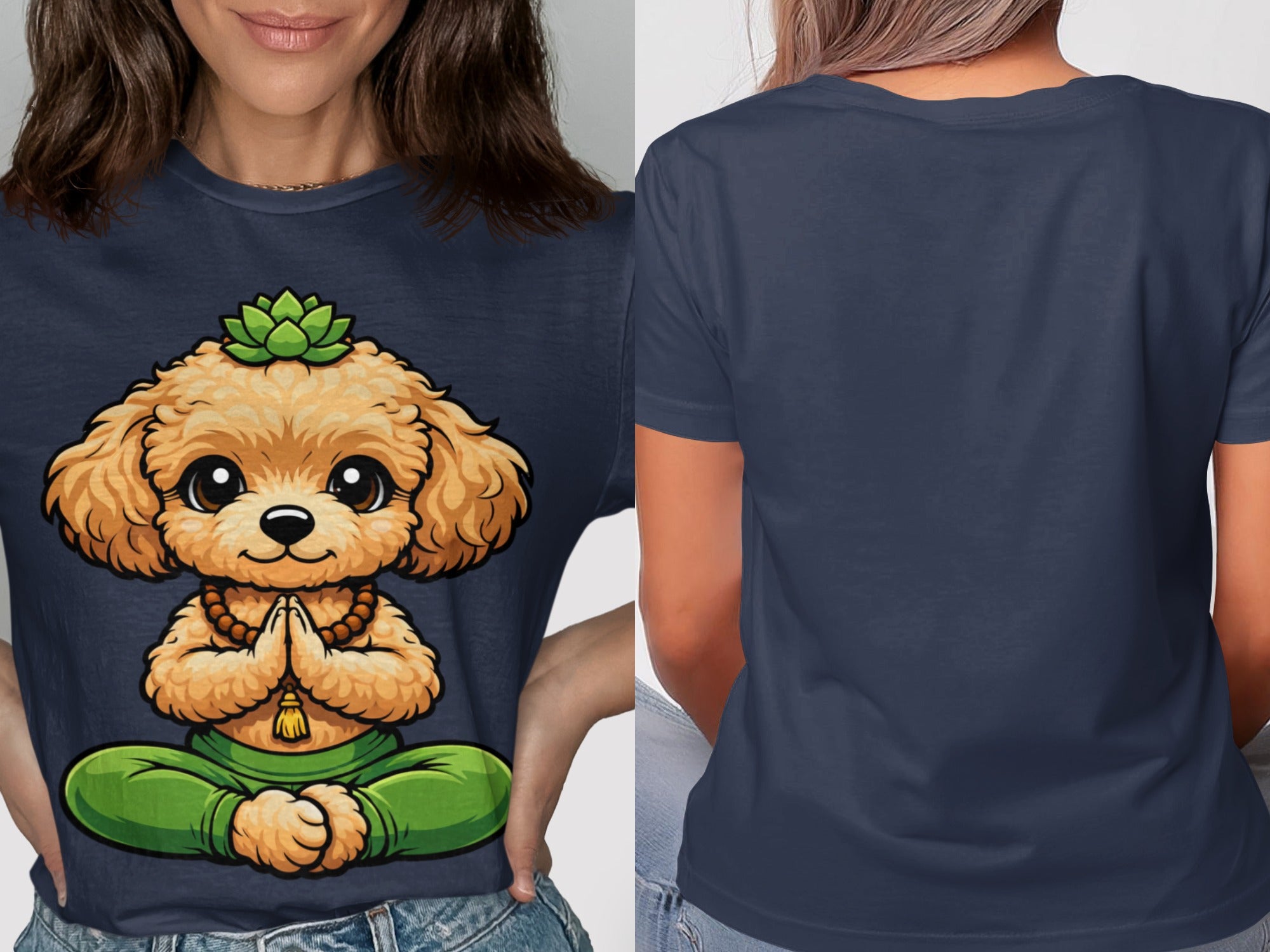 Navy t-shirt with a cartoon dog meditating, wearing beads, and a succulent on its head.