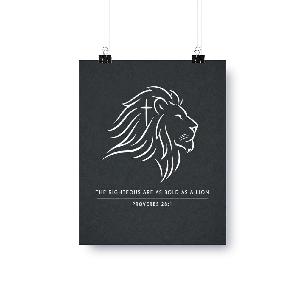 Lion with cross emblem and text "The Righteous Are Bold as a Lion" - Proverbs 28:1.