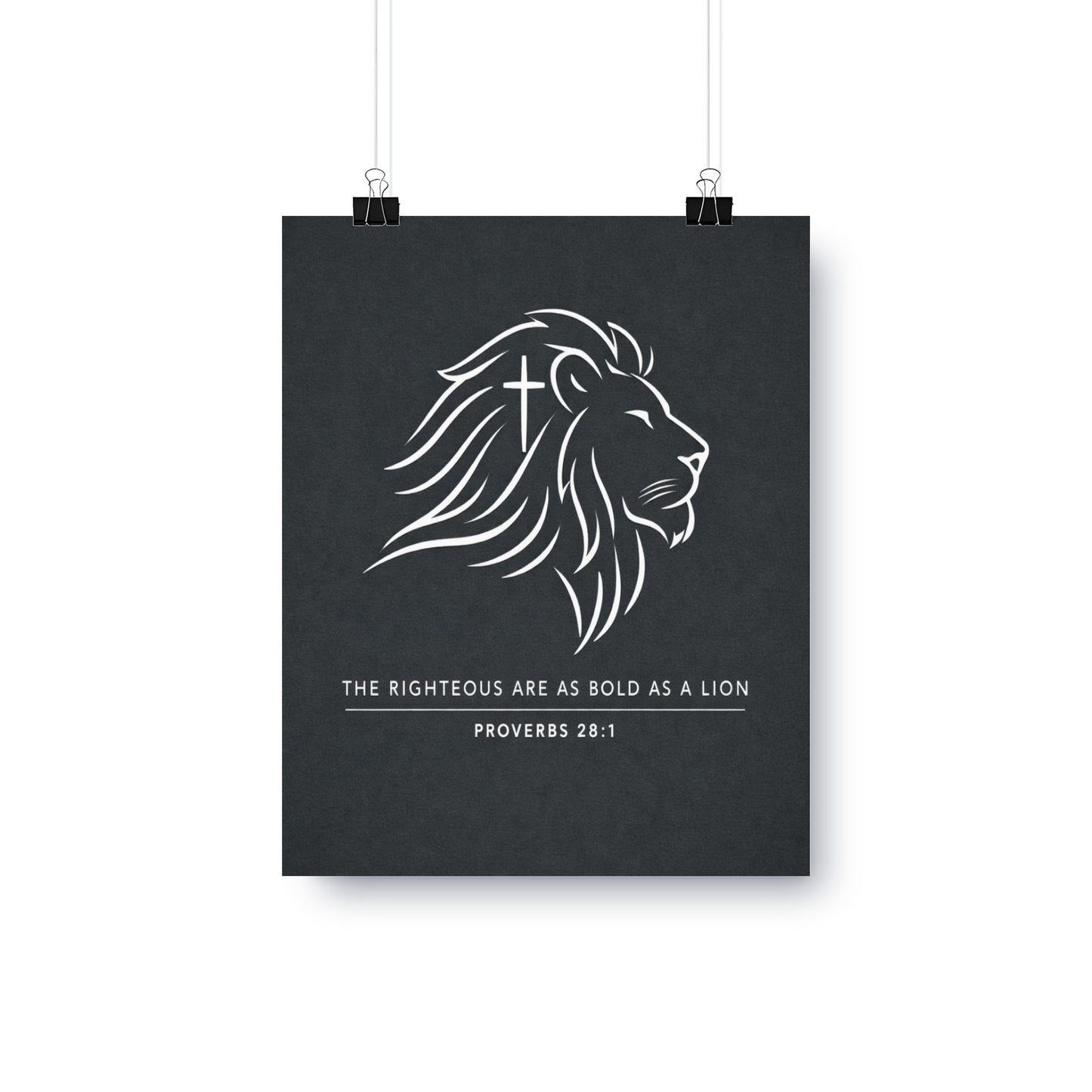 Lion with cross emblem and text "The Righteous Are Bold as a Lion" - Proverbs 28:1.
