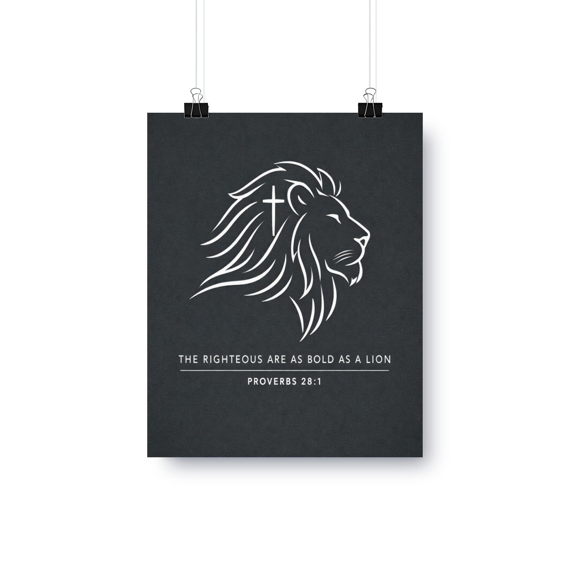 Lion with cross emblem and text "The Righteous Are Bold as a Lion" - Proverbs 28:1.