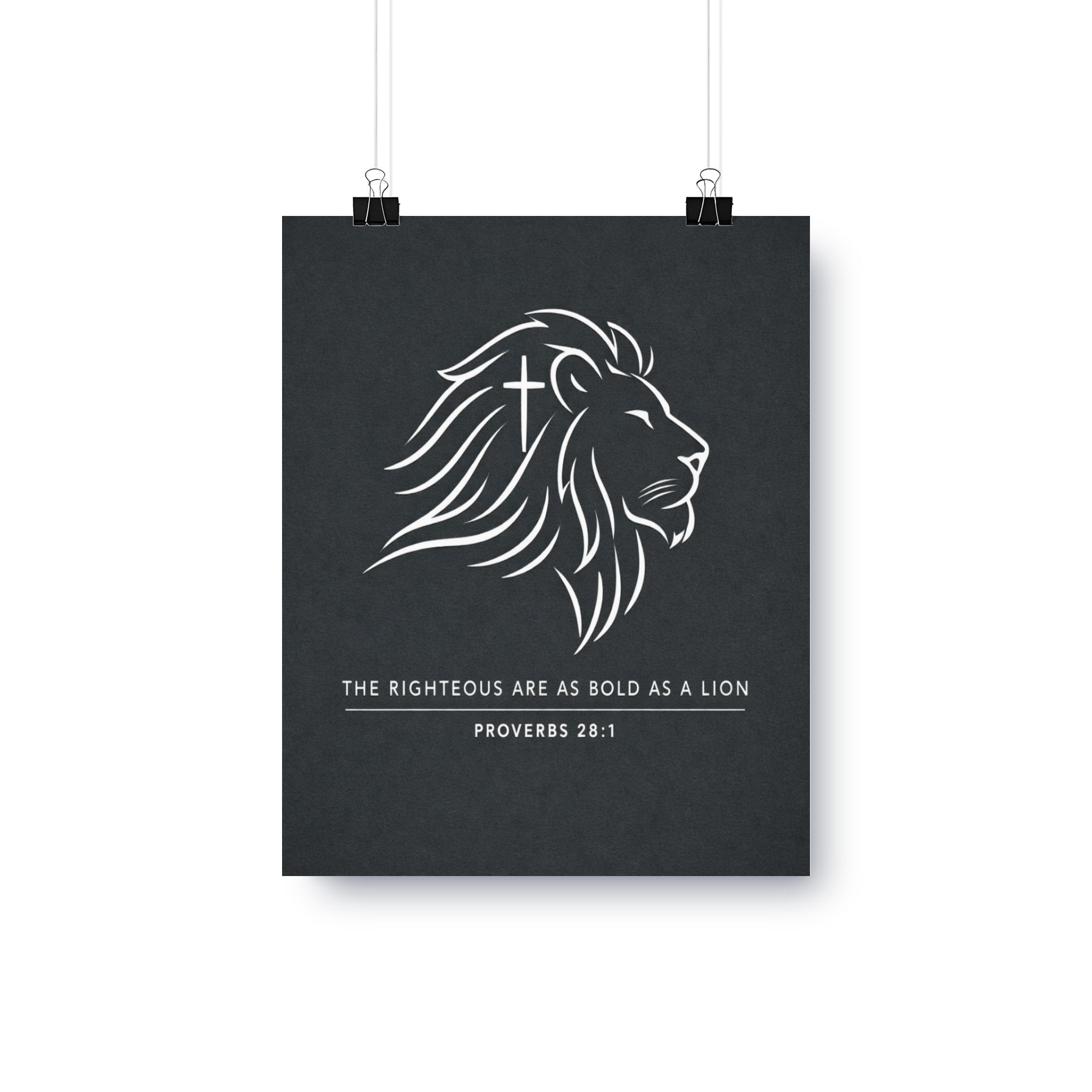Lion with cross emblem and text "The Righteous Are Bold as a Lion" - Proverbs 28:1.