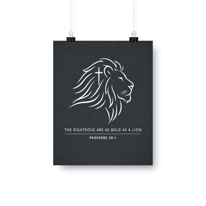 Lion with cross emblem and text "The Righteous Are Bold as a Lion" - Proverbs 28:1.