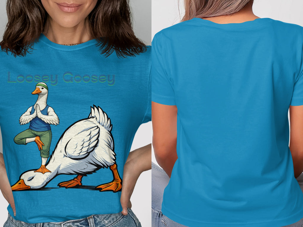 Blue t-shirt with "Loosey Goosey" text and cartoon goose in yoga pose.