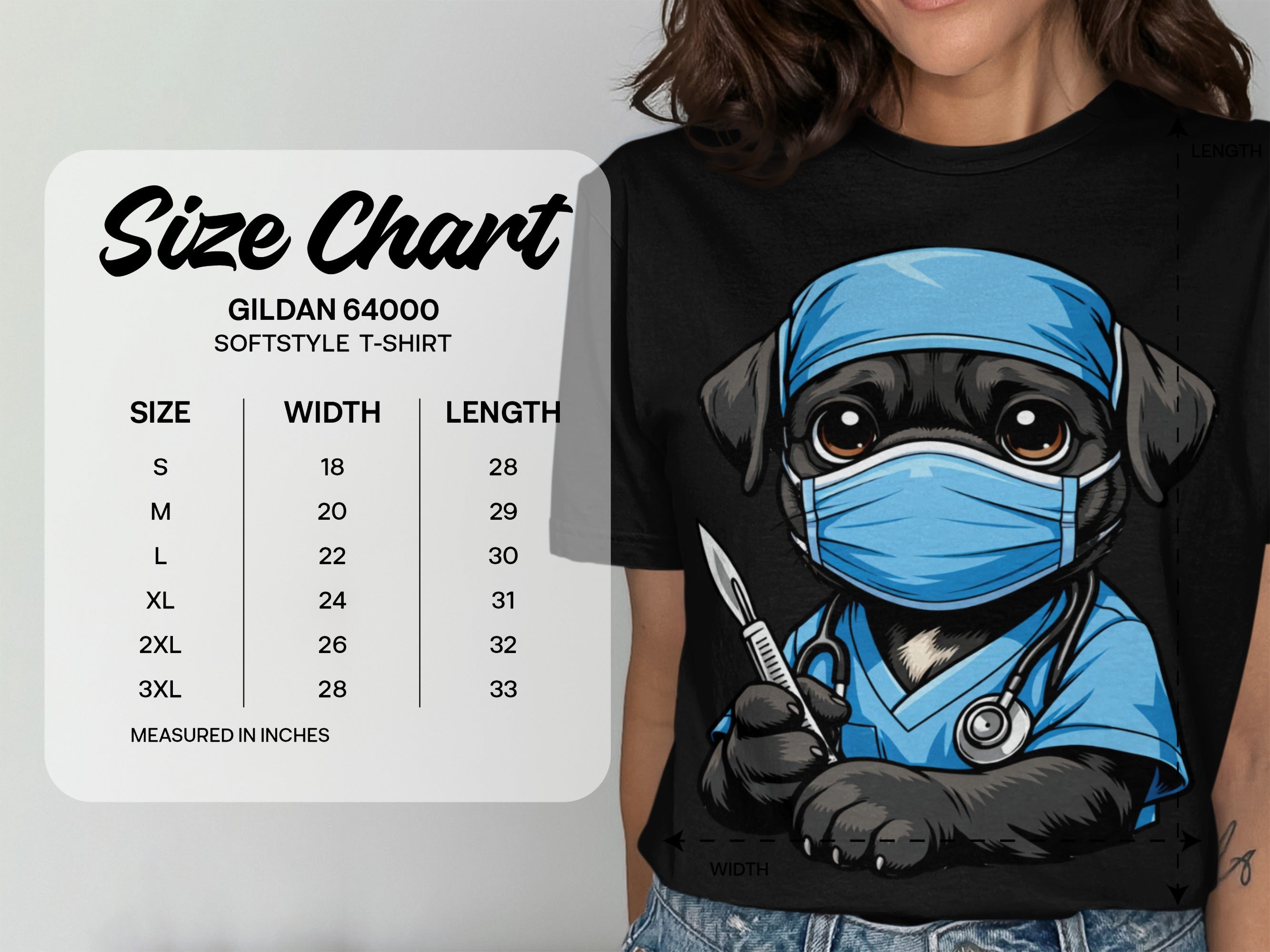 Size chart for Gildan 64000 softstyle t-shirt with pug graphic.