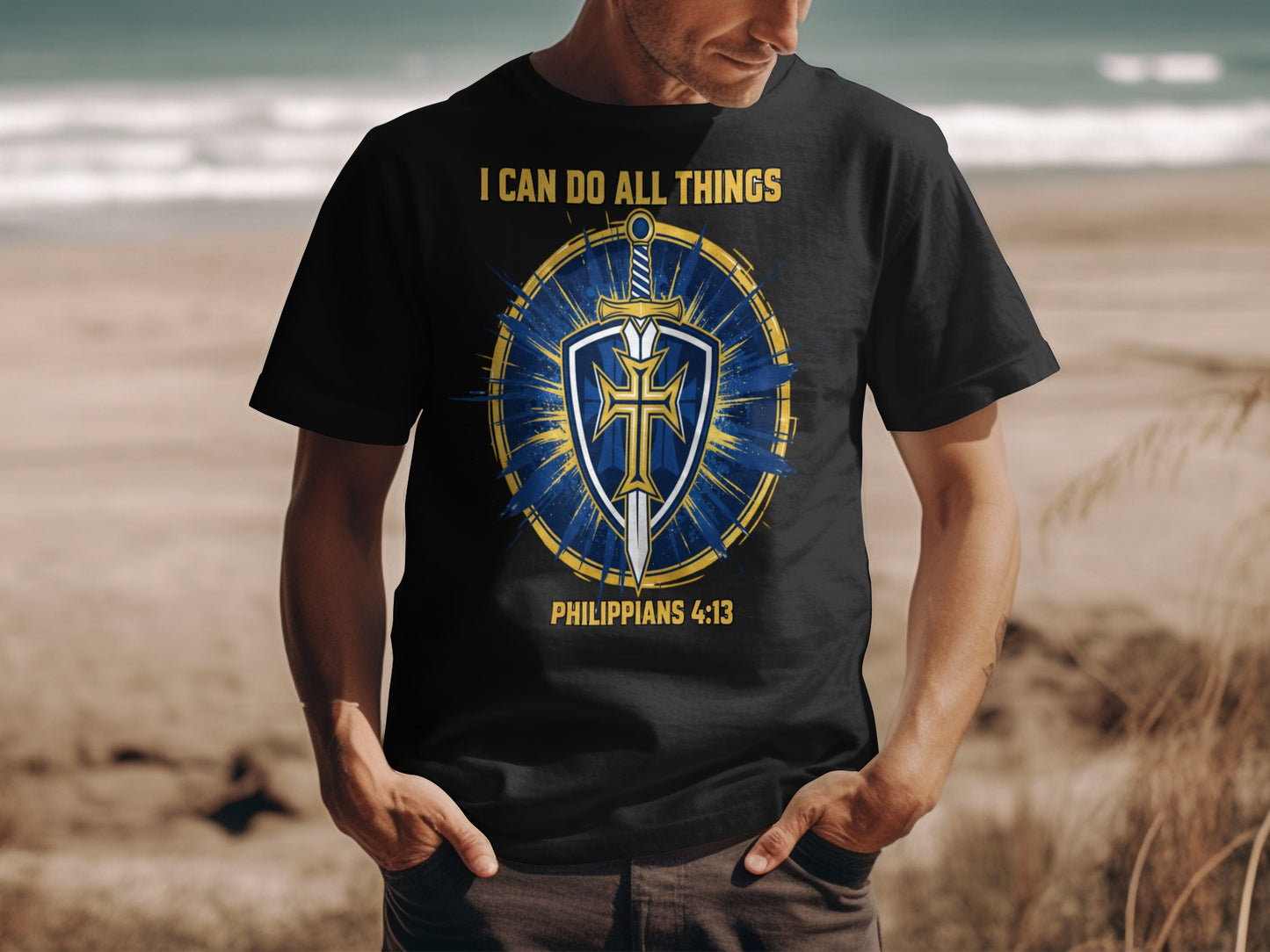Black t-shirt with sword, shield, and text "I CAN DO ALL THINGS PHILIPPIANS 4:13".