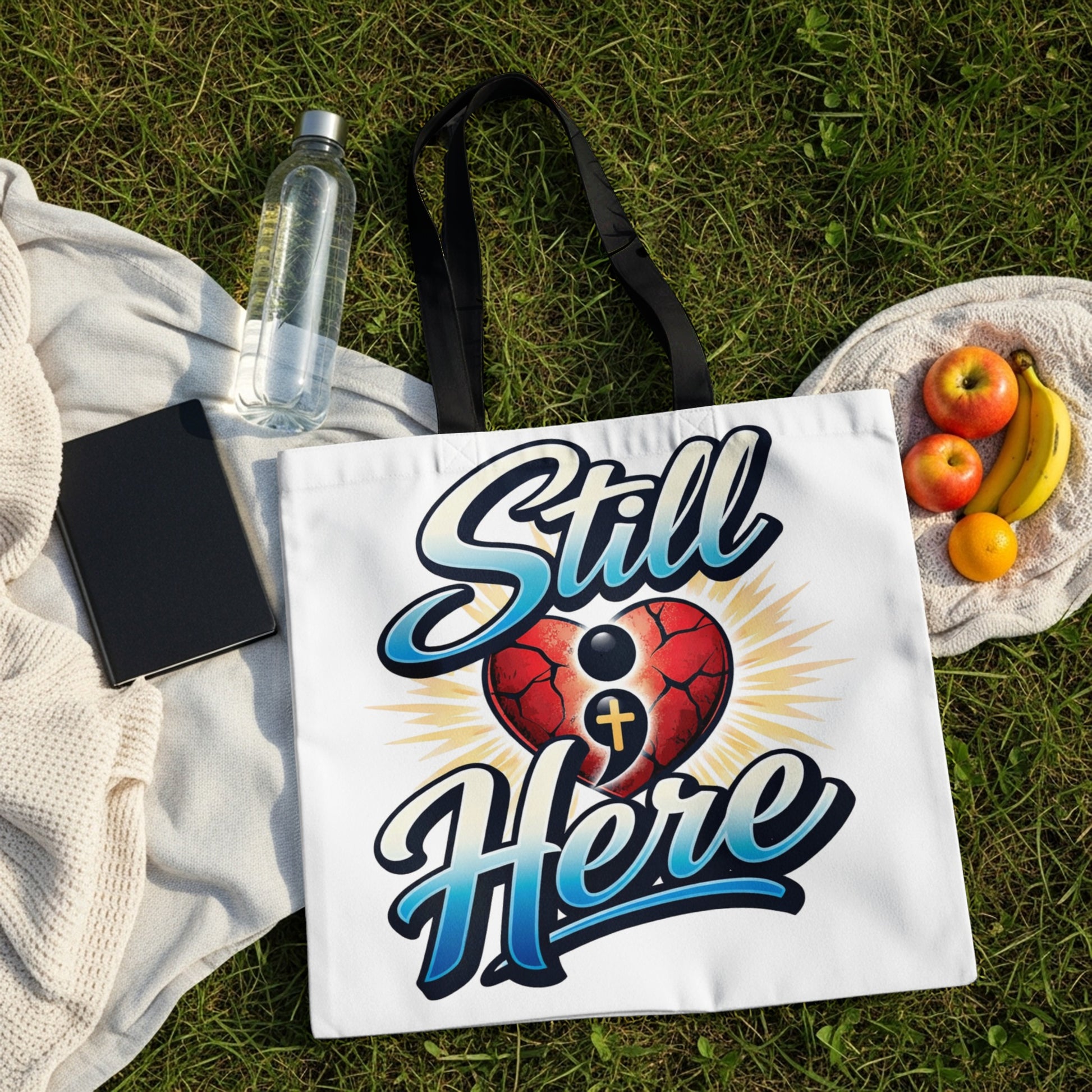 White tote bag with "Still Here" text and a broken heart with a cross.