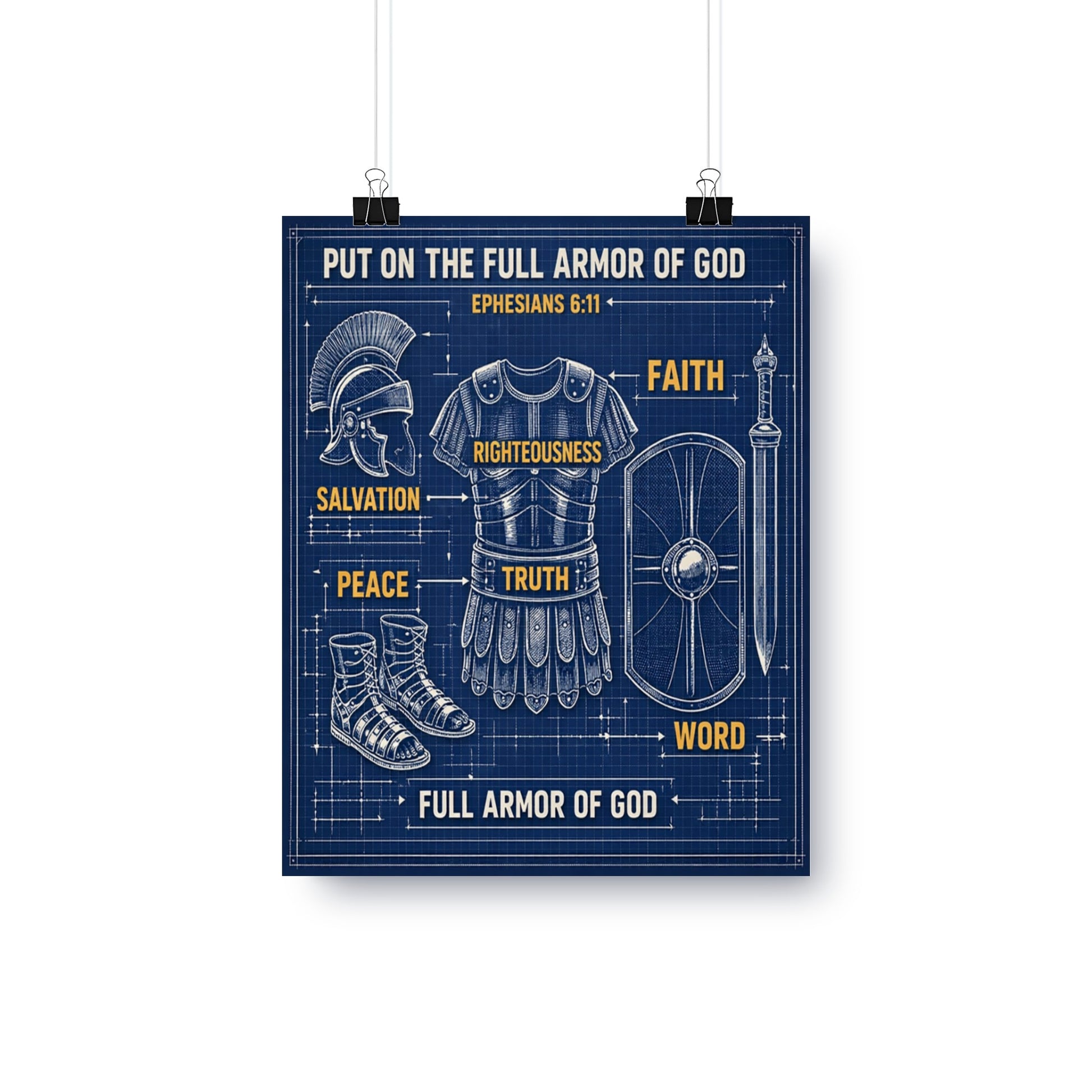 Blueprint of the full armor of God, detailing faith, righteousness, truth, peace, salvation, and word.