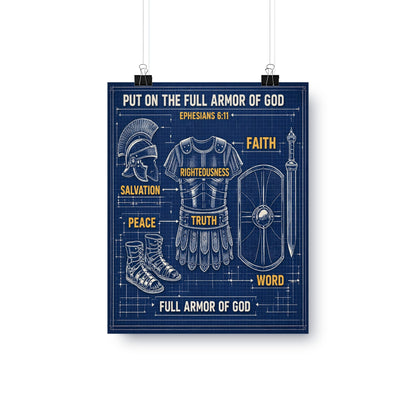 Blueprint of the full armor of God, detailing faith, righteousness, truth, peace, salvation, and word.