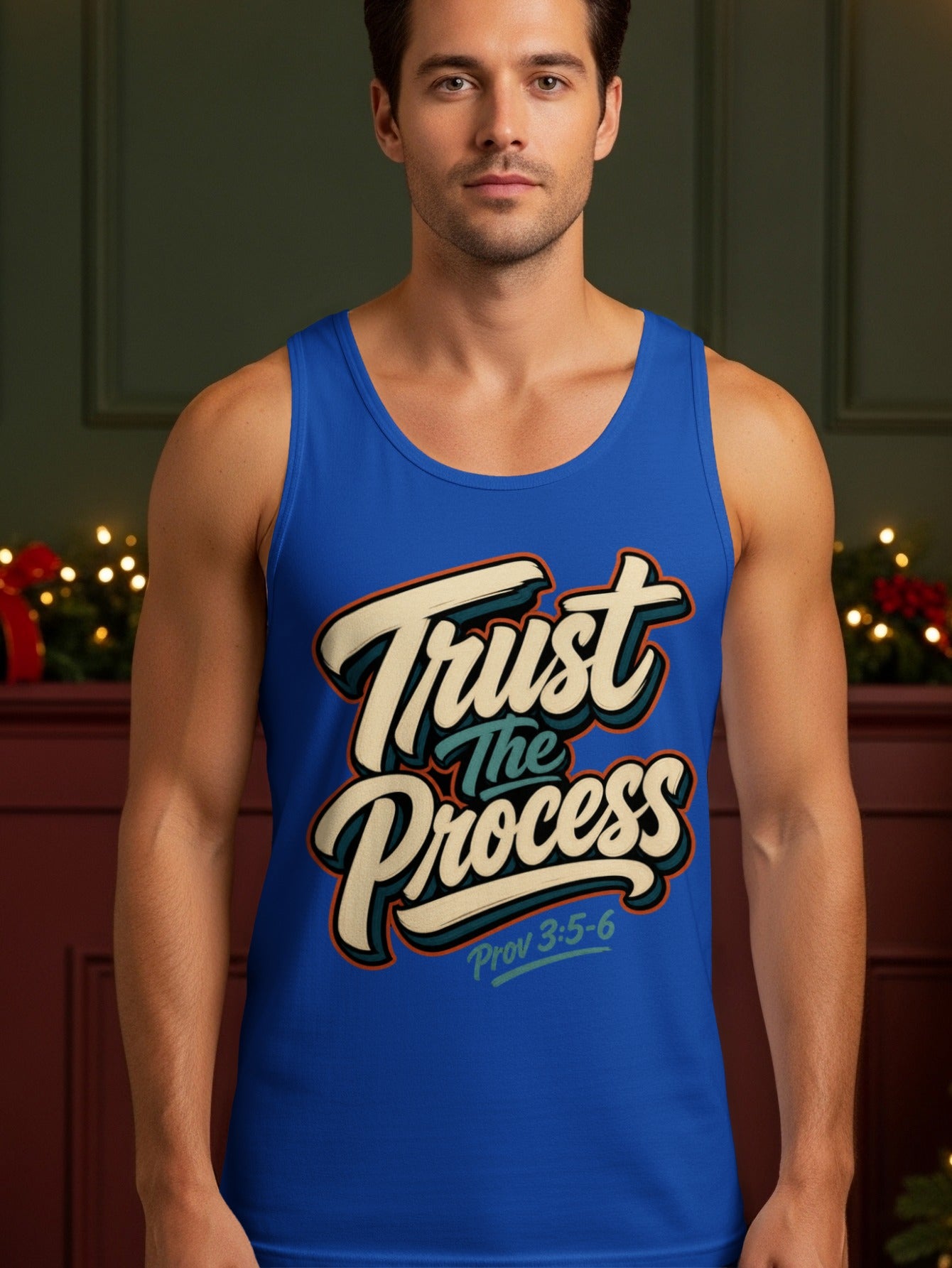 Blue tank top with "Trust The Process" and "Prov 3:5-6" text in colorful lettering.