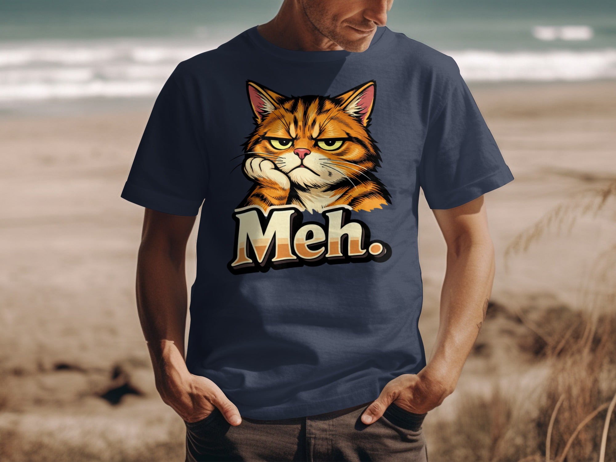 Dark blue t-shirt with a grumpy cat graphic and the text "Meh."