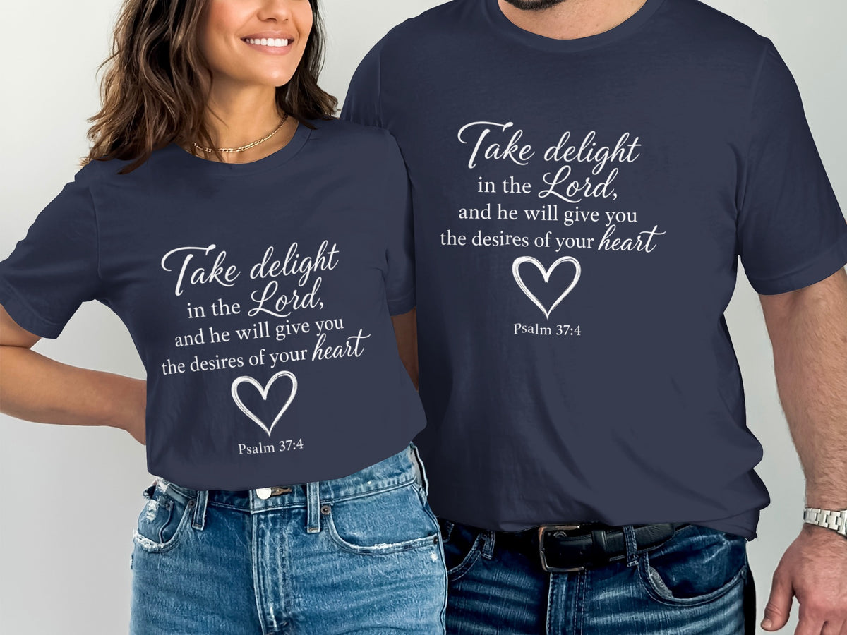 Navy t-shirts with white text: "Take delight in the Lord, and he will give you the desires of your heart Psalm 37:4"