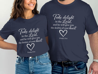 Navy t-shirts with white text: "Take delight in the Lord, and he will give you the desires of your heart Psalm 37:4"