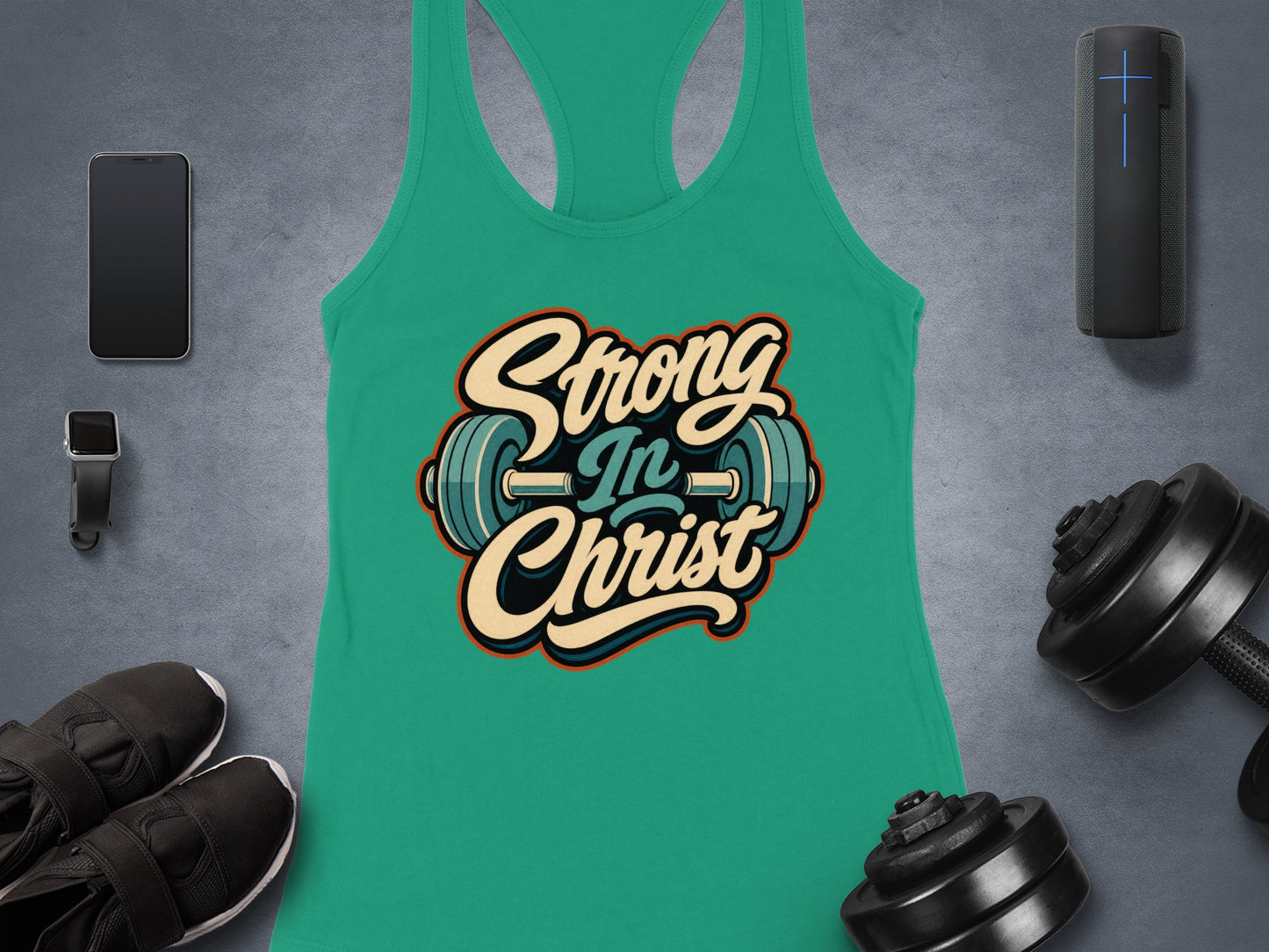Teal tank top with "Strong In Christ" text and barbell graphic.