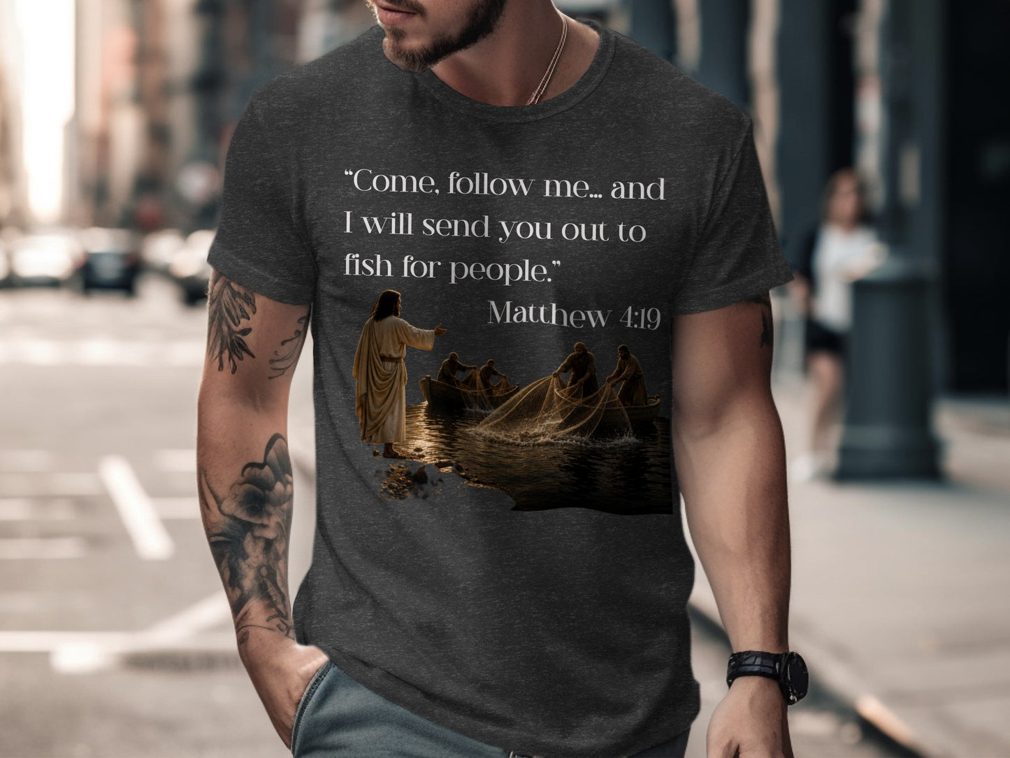 T-shirt with Matthew 4:19 scripture and image of Jesus calling fishermen.