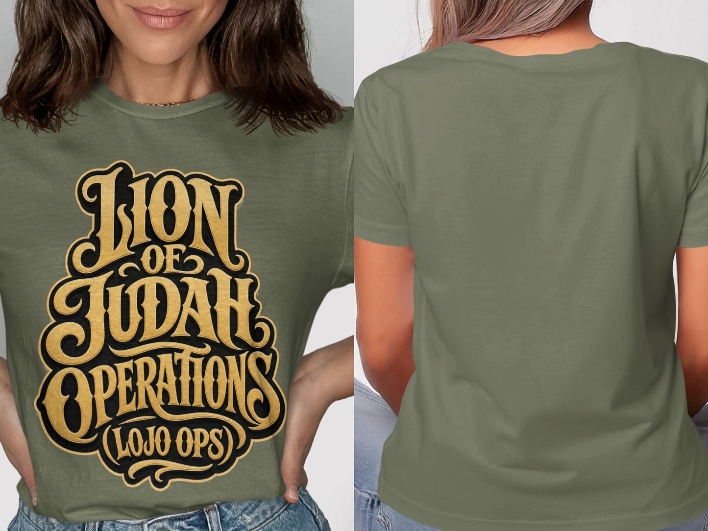Olive green t-shirt with "Lion of Judah Operations (LOJO OPS)" text design.