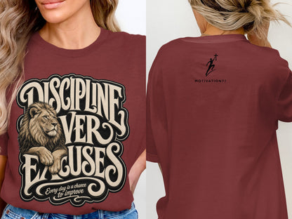 Maroon t-shirt with "Discipline Over Excuses" text, a lion, and "Every day is a chance to improve".