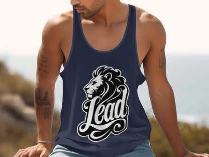 Navy tank top with a black and white lion head graphic and "Lead" text.