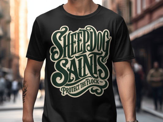 Black t-shirt with cream and green "Sheepdog Saints Protect the Flock" text design.