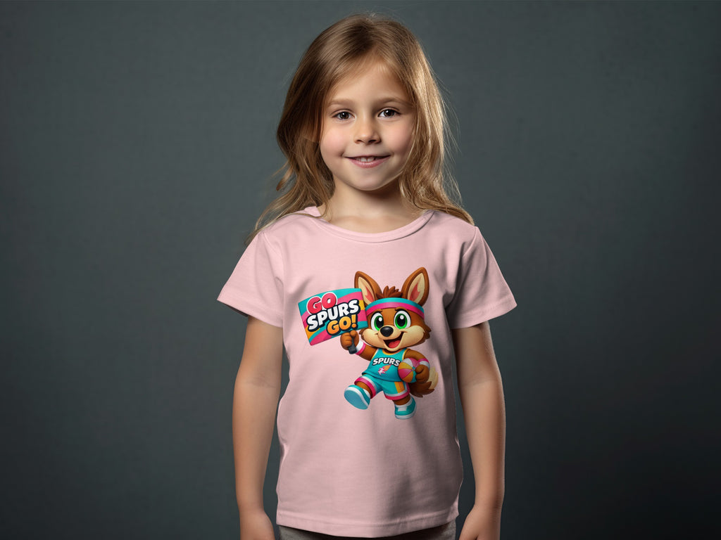 Pink t-shirt with cartoon fox holding "Go Spurs Go!" sign and a basketball.