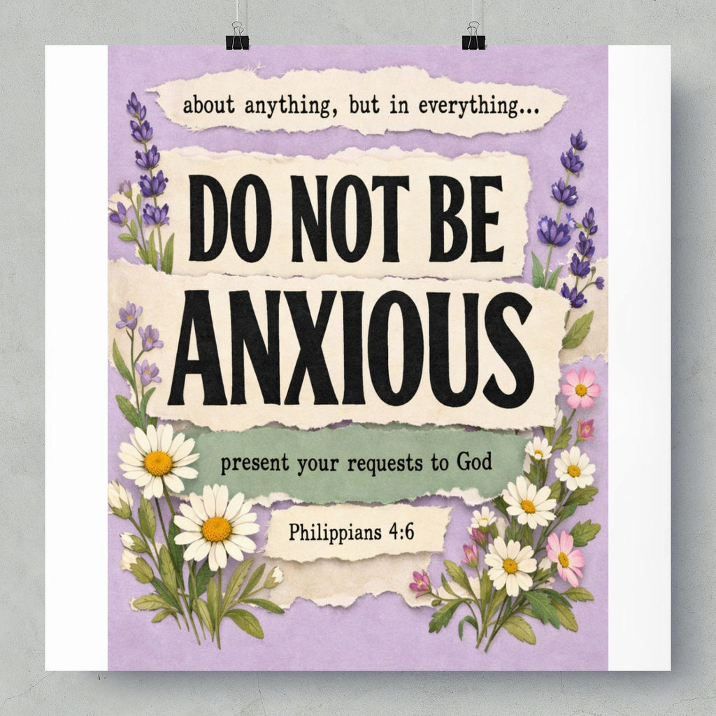 "Do Not Be Anxious, Philippians 4:6" art with lavender and daisy floral accents.