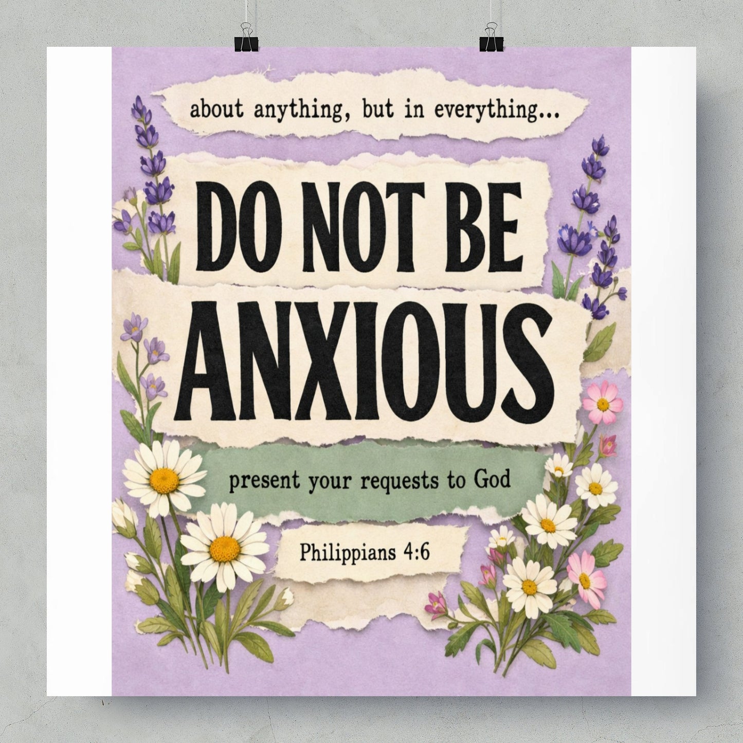 "Do Not Be Anxious, Philippians 4:6" art with lavender and daisy floral accents.