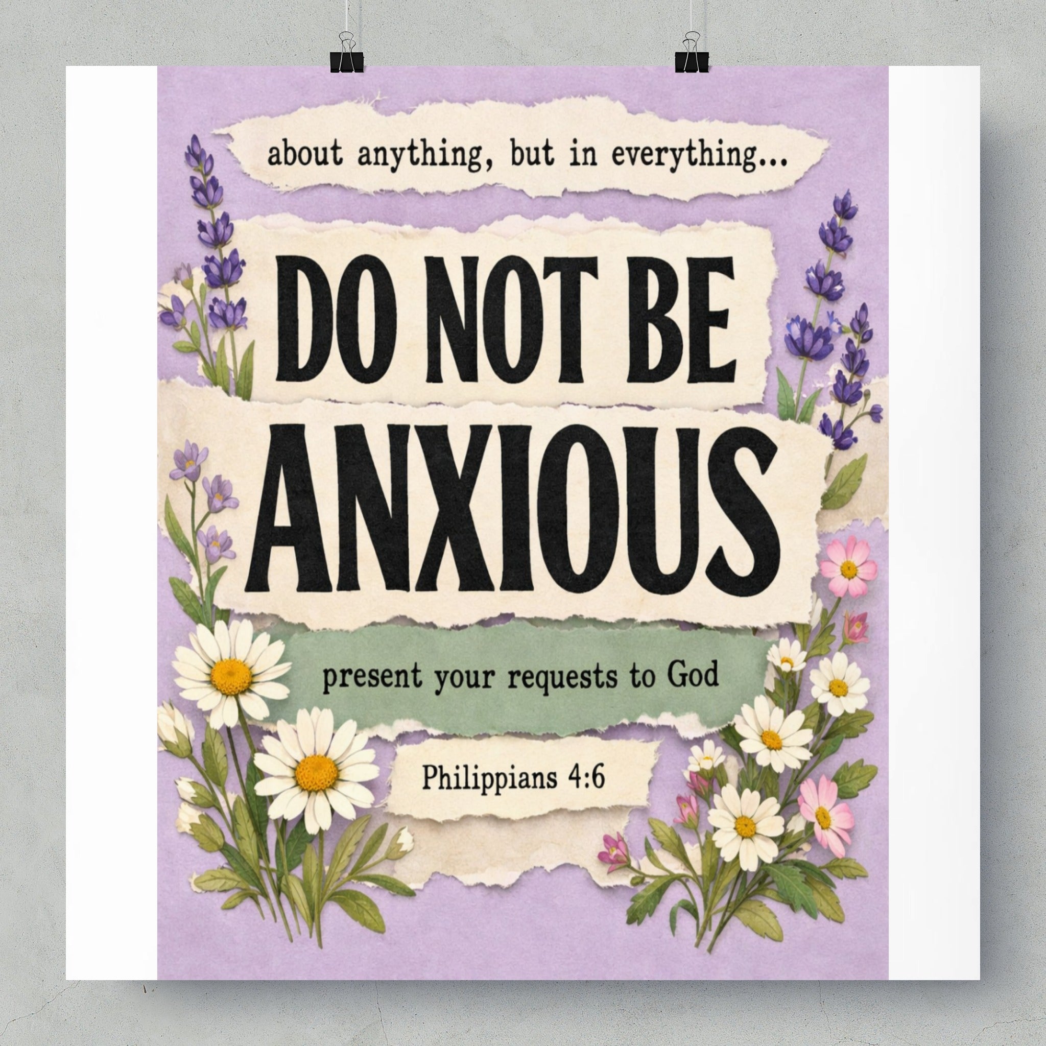 "Do Not Be Anxious, Philippians 4:6" art with lavender and daisy floral accents.
