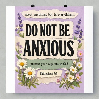 "Do Not Be Anxious, Philippians 4:6" art with lavender and daisy floral accents.