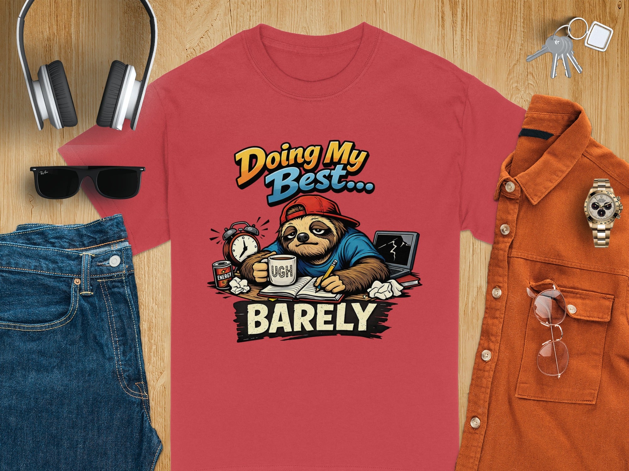 T-shirt with sloth graphic: "Doing My Best... UGH BARELY"