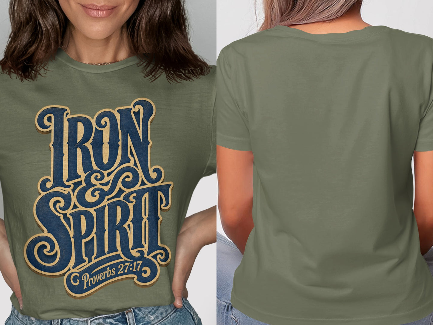 Green t-shirt with "IRON & SPIRIT" and "Proverbs 27:17" text.