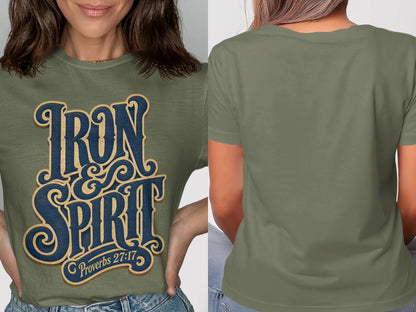 Green t-shirt with "IRON & SPIRIT" and "Proverbs 27:17" text.