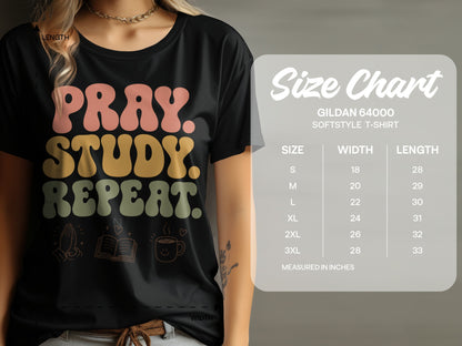 Black t-shirt with "PRAY. STUDY. REPEAT." text and size chart.