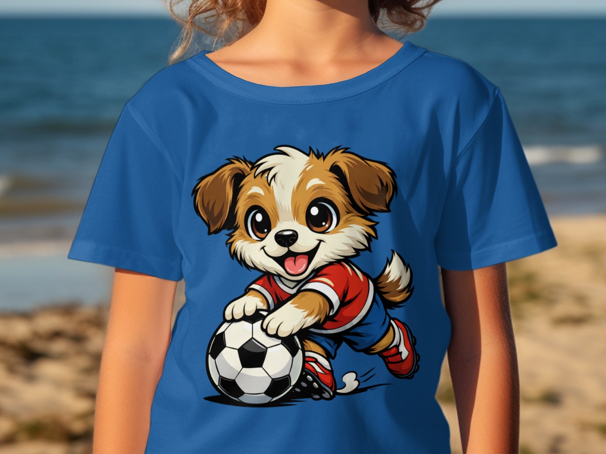 Cartoon dog in soccer uniform plays with a soccer ball on a blue t-shirt.