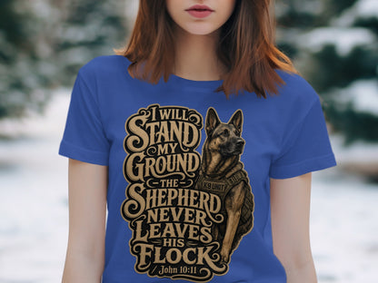 German Shepherd K9 unit graphic on blue t-shirt with text.