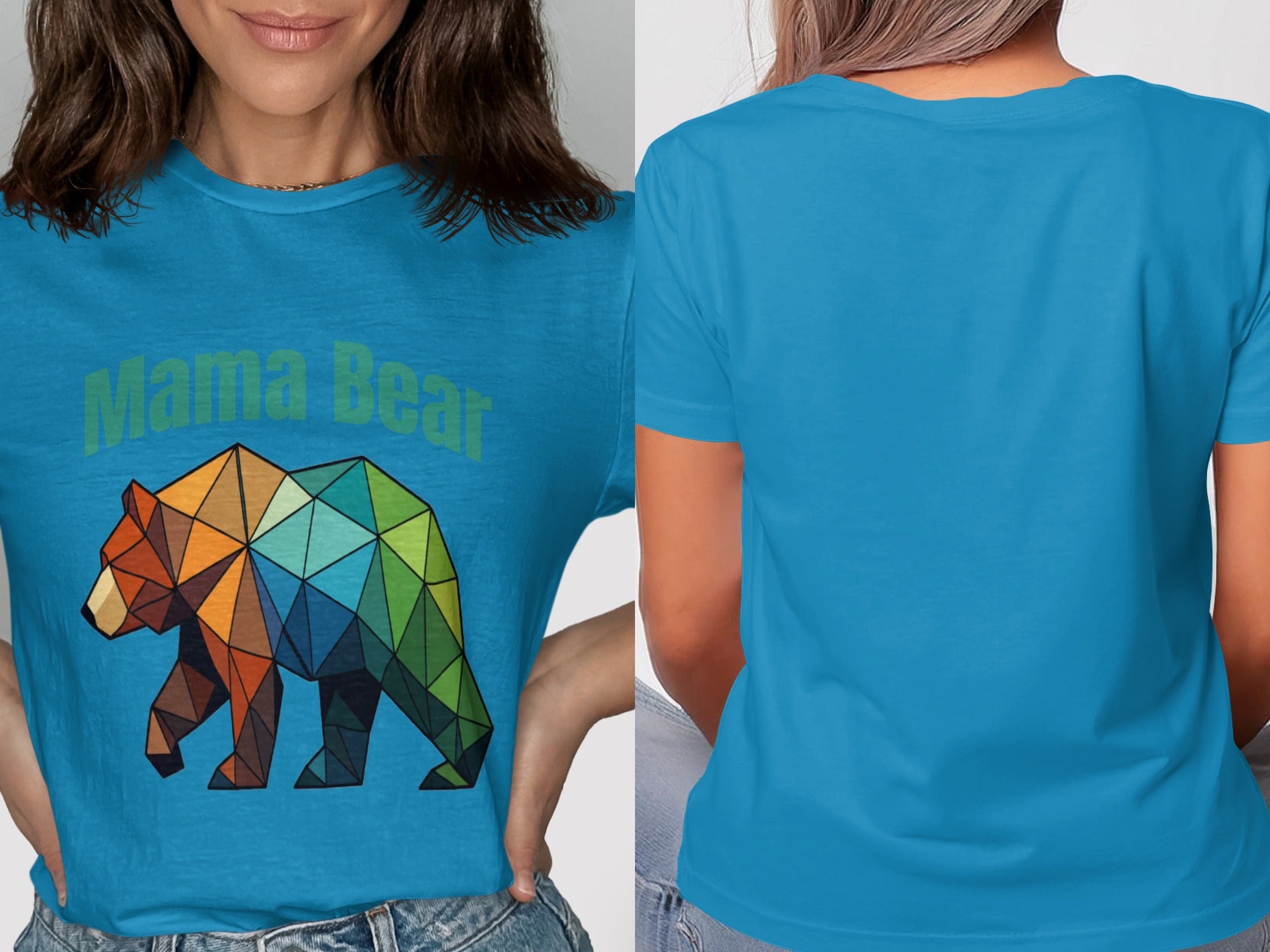 Blue t-shirt with a geometric bear and "Mama Bear" text.
