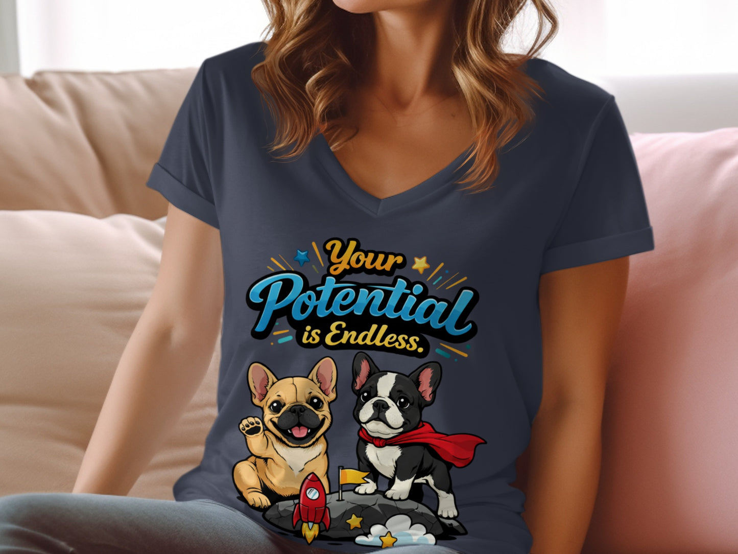 French Bulldogs with text "Your Potential is Endless" and a rocket graphic.