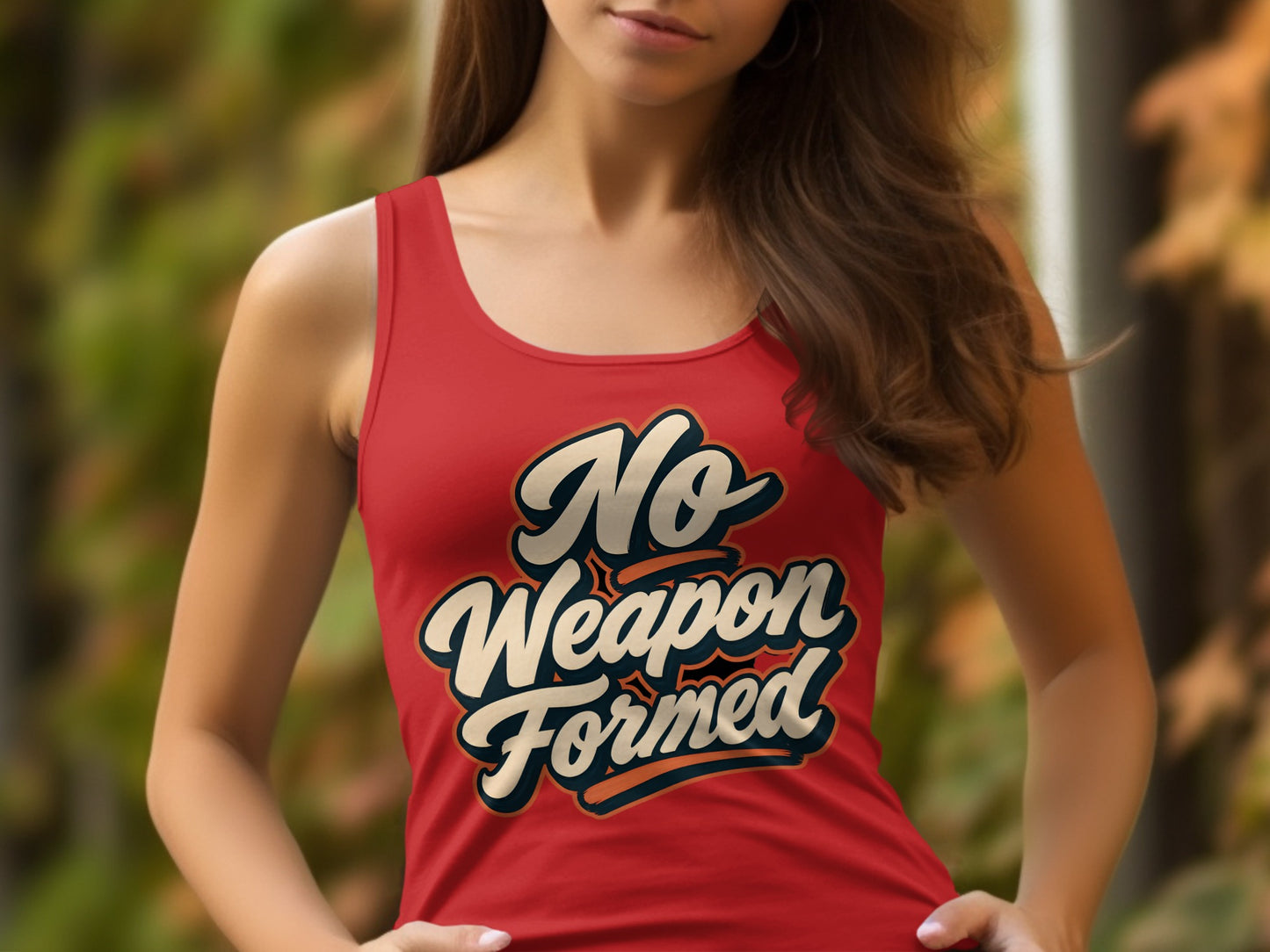 Red tank top with "No Weapon Formed" text design.