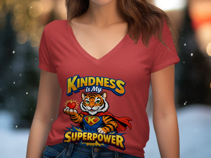 Tiger wearing cape and holding heart, text says "Kindness is My Superpower."