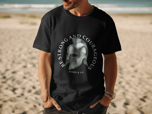 Black t-shirt with a Roman helmet graphic and text "Be Strong and Courageous Joshua 1:9".