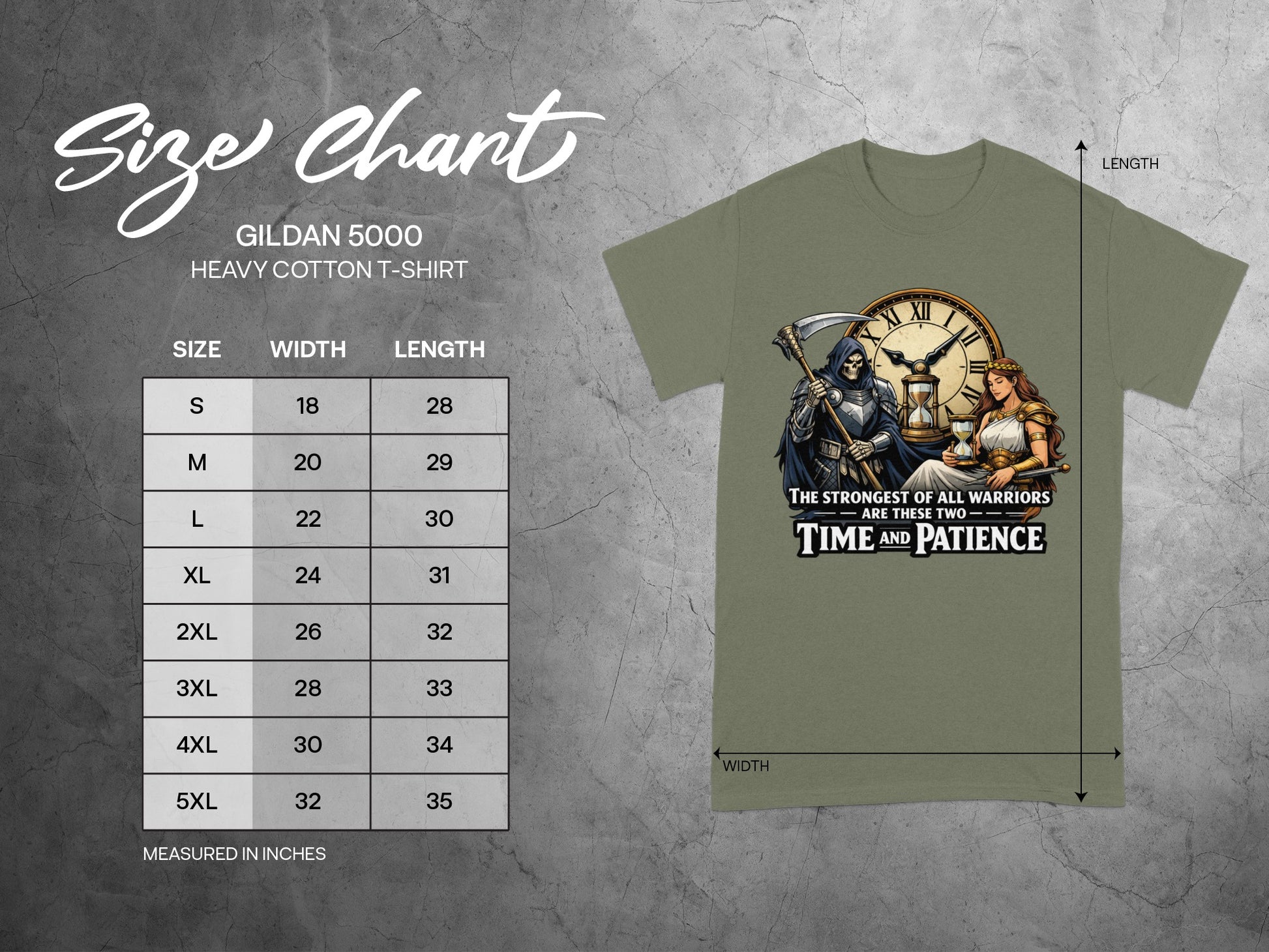 Gildan 5000 size chart with t-shirt graphic showing "Time and Patience."