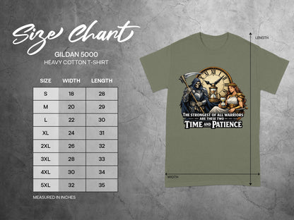 Gildan 5000 size chart with t-shirt graphic showing "Time and Patience."
