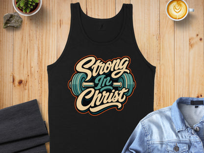 Black tank top with "Strong In Christ" text and barbell graphic