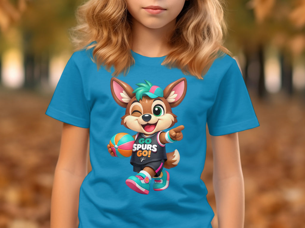 Cartoon fox character on blue t-shirt with "GO SPURS GO!" text.