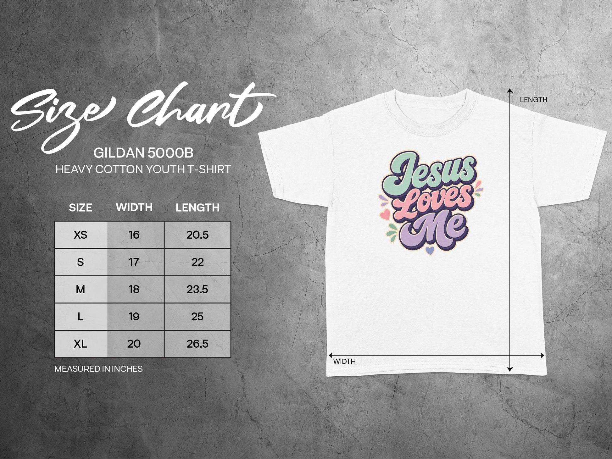 Gildan 5000B youth t-shirt size chart showing width and length in inches.