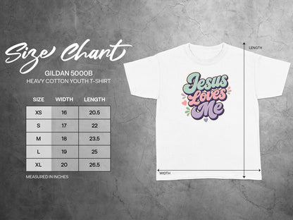 Gildan 5000B youth t-shirt size chart showing width and length in inches.
