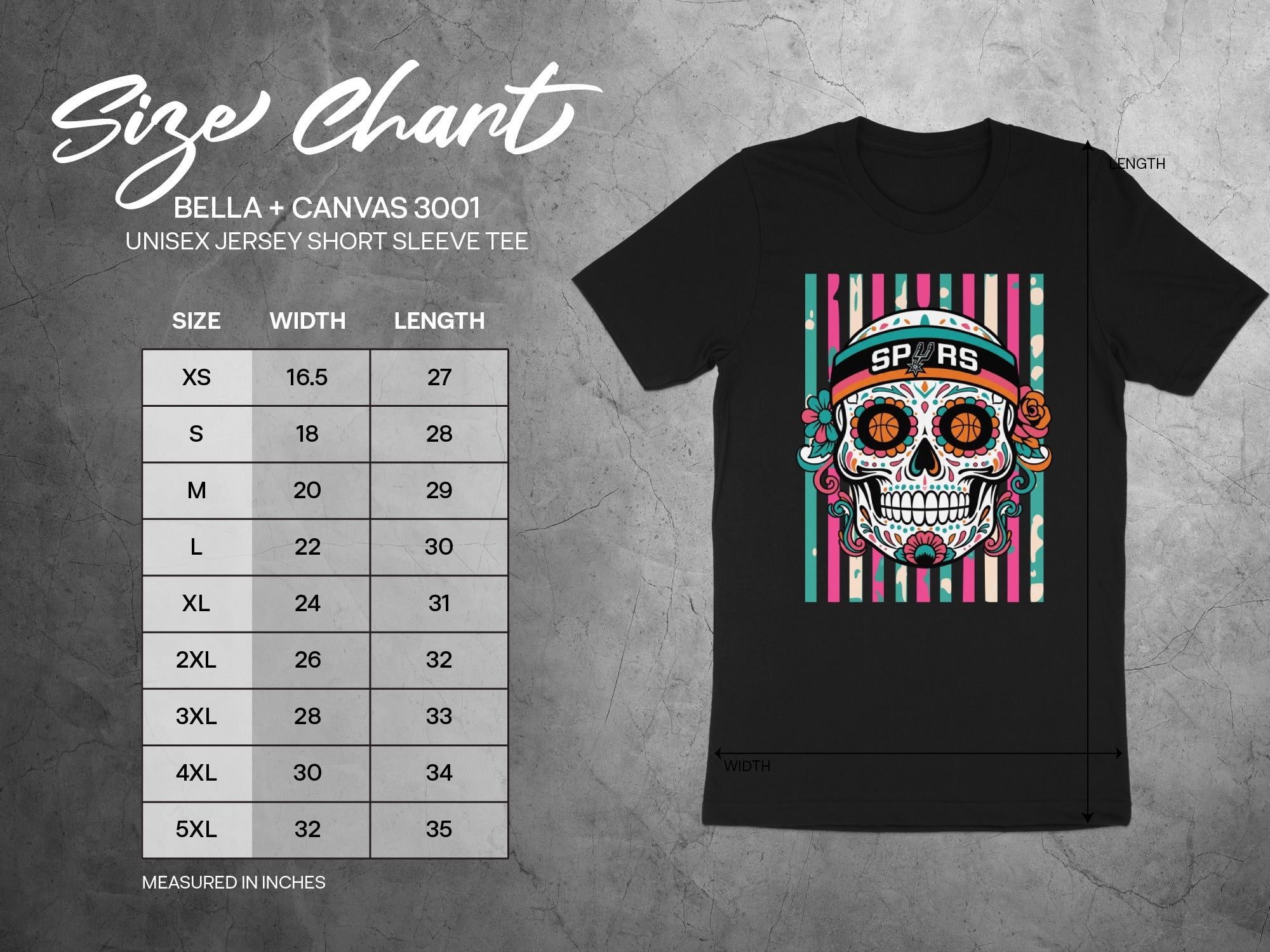 BELLA + CANVAS 3001 unisex t-shirt size chart with skull graphic and Spurs logo.