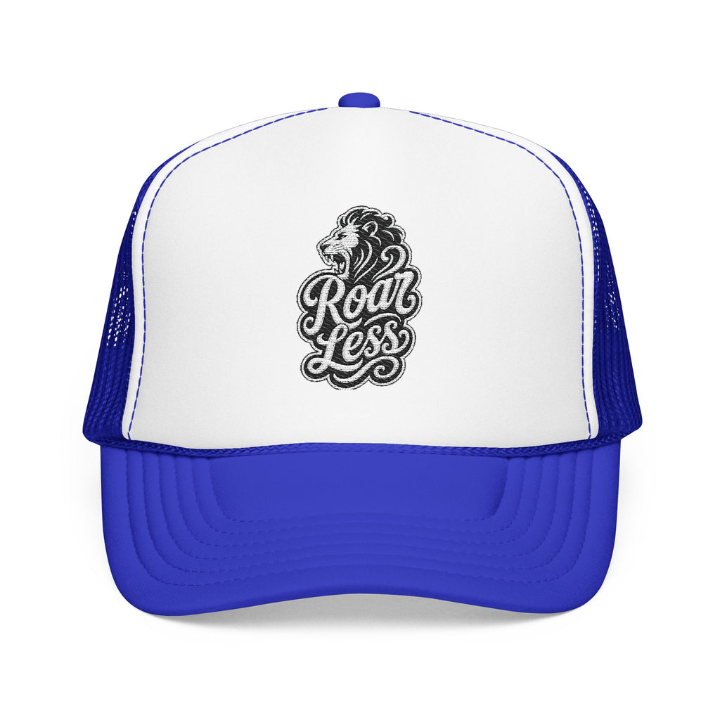 Blue and white trucker hat with embroidered lion and "Roar Less" text.